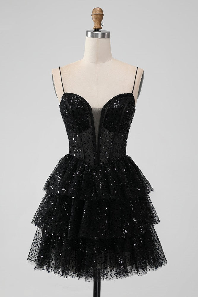 Black Sweetheart A-line Spaghetti Strap Tulle Homecoming Dress | Joyofdress Black Sweetheart A-line Spaghetti Strap Tulle Homecoming Dress | Joyofdress