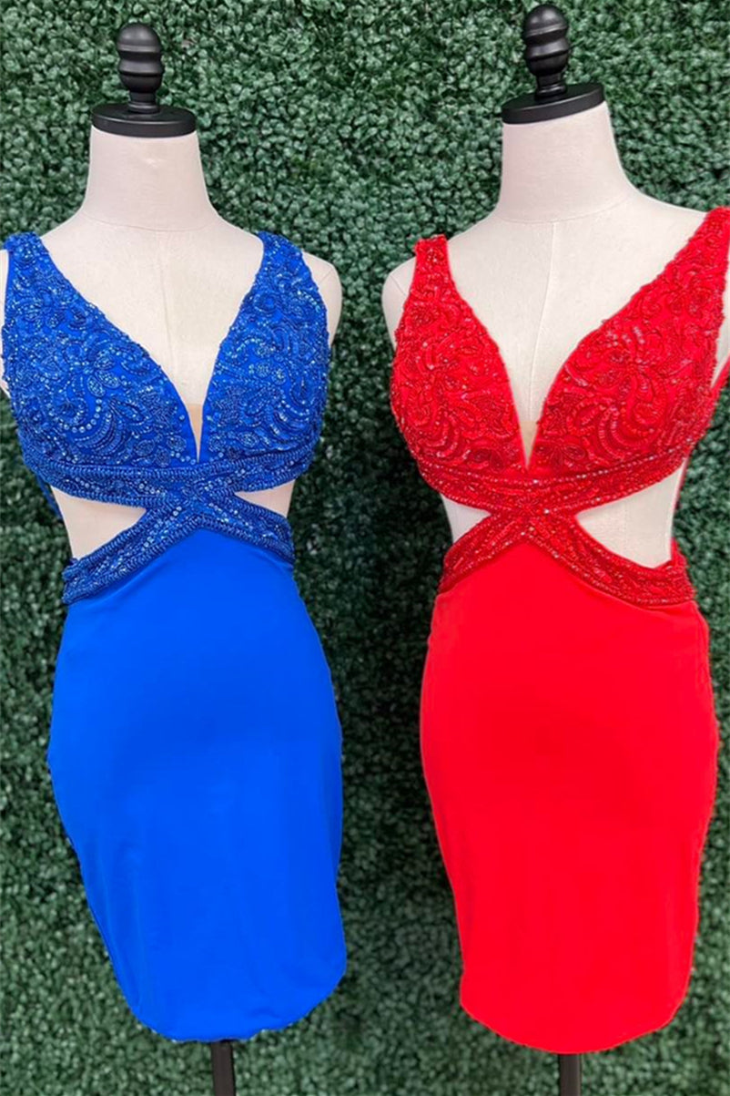 Royal Blue & Red Sheath Sequined Deep V Neck Satin Homecoming Dress