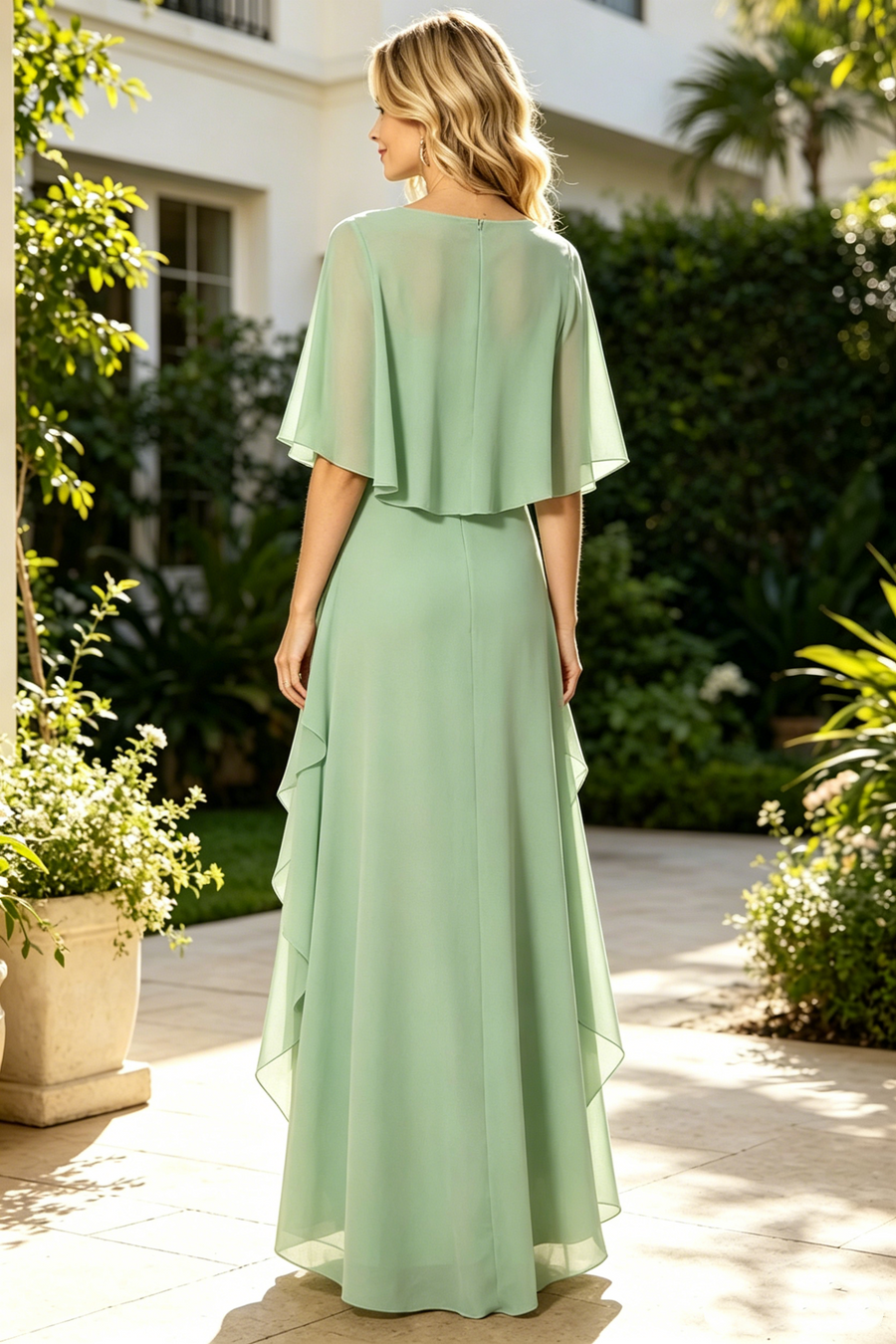 Green Chiffon A-Line Round Tiered Mother Of The Bride Dress