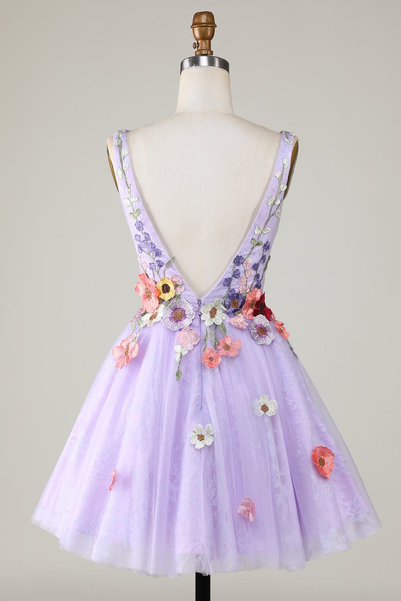 Lavender Tulle Spaghetti Strap Floral Lace-Up Homecoming Dress