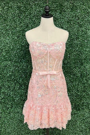 Blush Pink Sheath Ruffle Layers Sequined Strapless Homecoming Dress