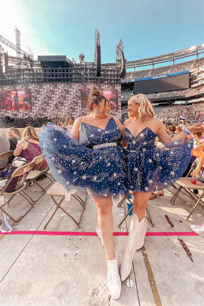 Stars Sequins Mini Beads Starry Long Puff Sleeves Evening V-Neck Homecoming Dress Blue / US 8 Stars Sequins Mini Beads Starry Long Puff Sleeves Evening V-Neck Homecoming Dress Blue / US 8