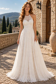 Casual Round Sleeveless Empire A-Line Lace And Chiffon Wedding Dress