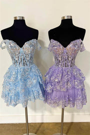 Off the Shoulder Lavender Sequin Ruffle Short Homecoming Dress