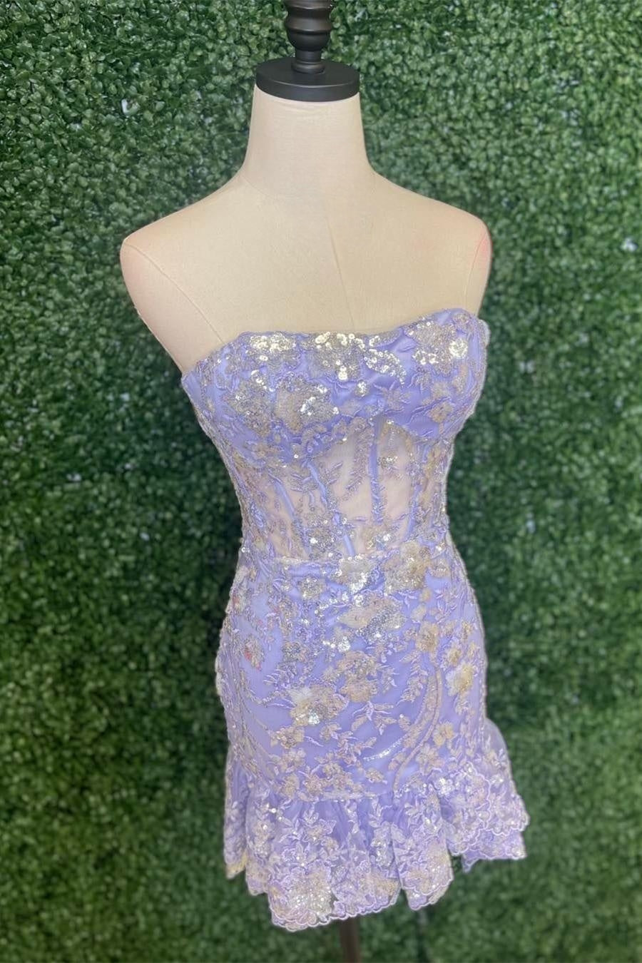 Lavender Sheath Ruffle Layers Sequined Strapless Homecoming Dress