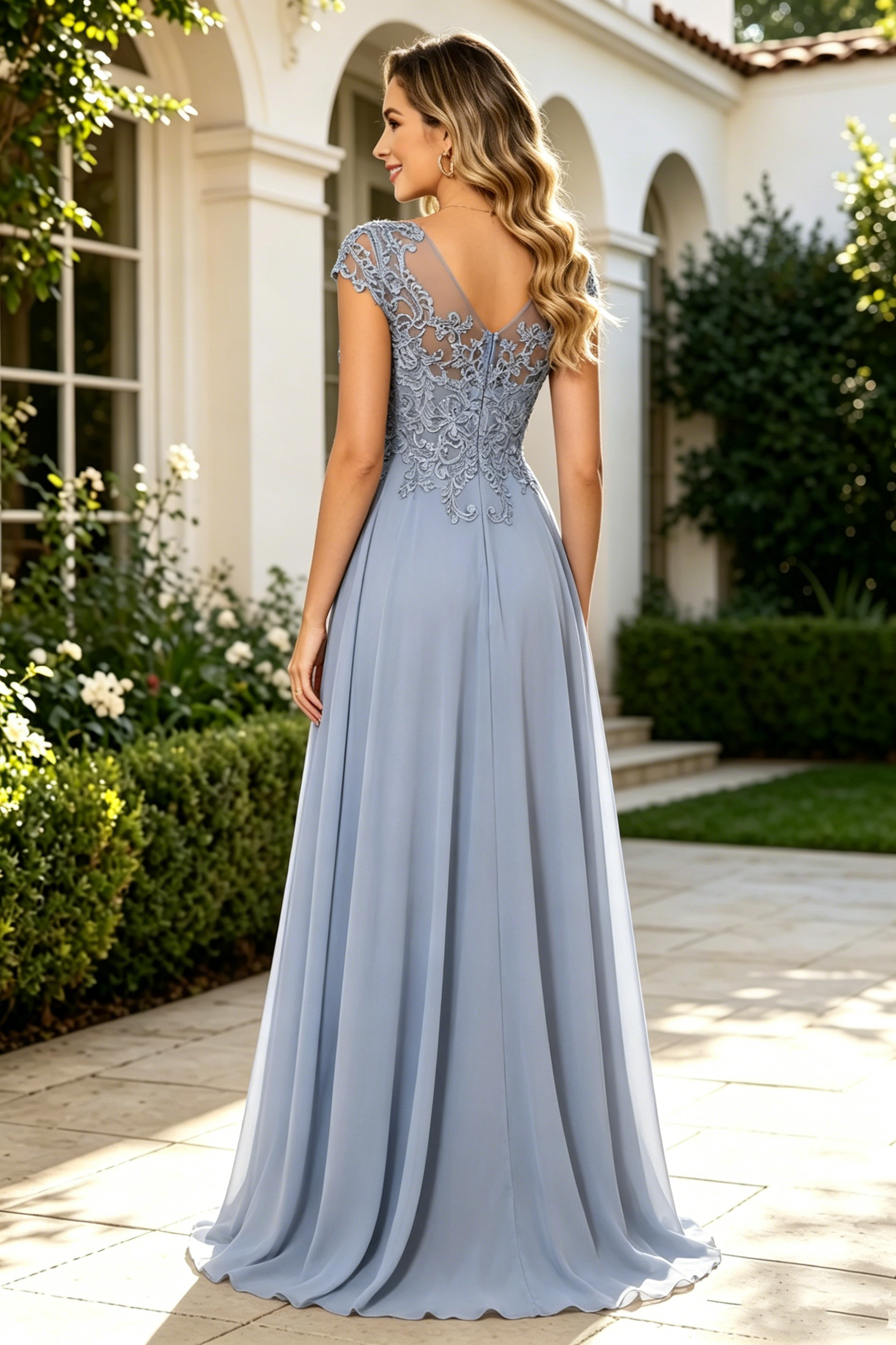 Round Cap Sleeves Lace And Chiffon Floor-Length Mother Of The Bride Dress