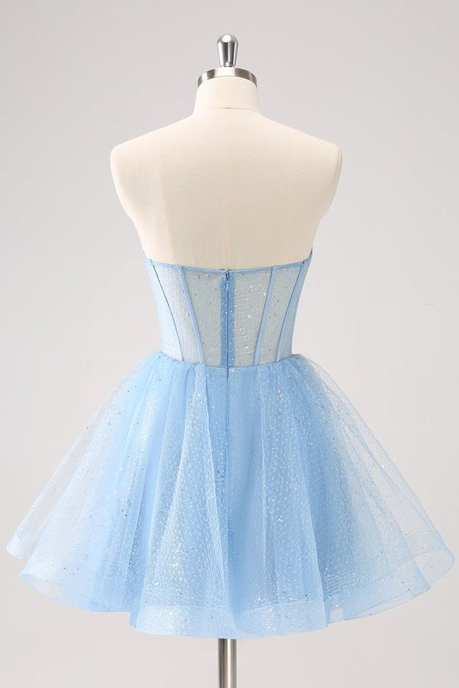 Blue Sequins A Line Sweetheart Corset Short Cocktail Homecoming Dress