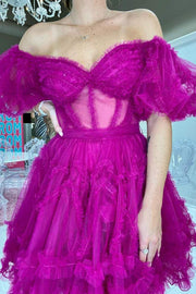 Pink A-line Off-the-shoulder Tulle Ruffle Homecoming Dress