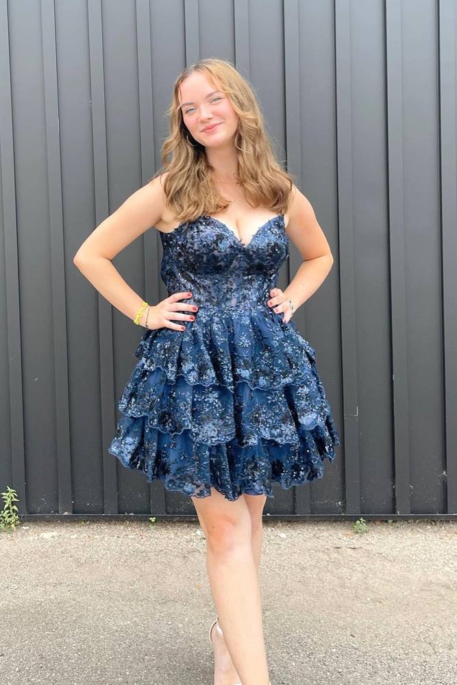 A- Line Sky Blue Sequins Multi-layers Short Homecoming Dress Navy Blue / 12 A- Line Sky Blue Sequins Multi-layers Short Homecoming Dress Navy Blue / 12