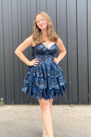 Light Blue Sequin Lace Corset A-Line Tiered Homecoming Dress