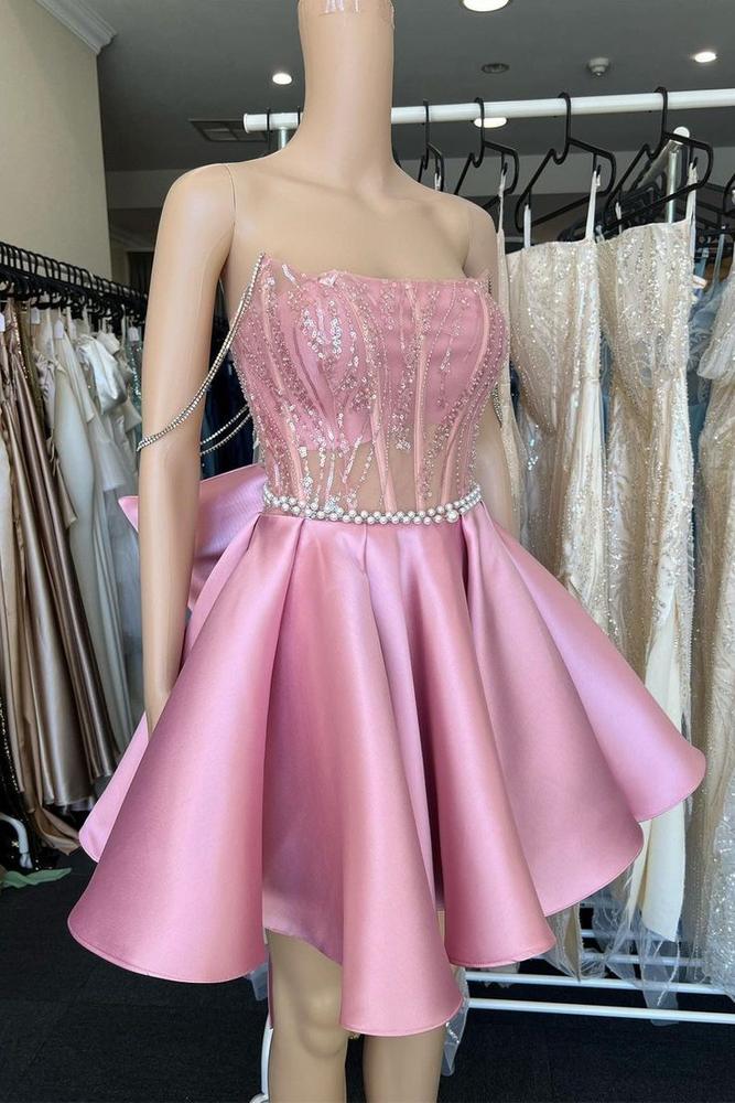 A-Line Pink Lace Off-The-Shoulder Bow-Back Short Homecoming Dress Pink / 14 A-Line Pink Lace Off-The-Shoulder Bow-Back Short Homecoming Dress Pink / 14