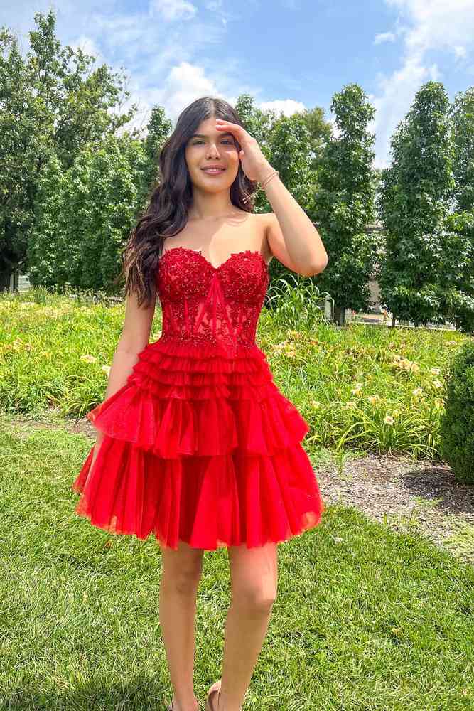Yellow A-Line Ruffled Strapless Corset Homecoming Dress Red / US 6
