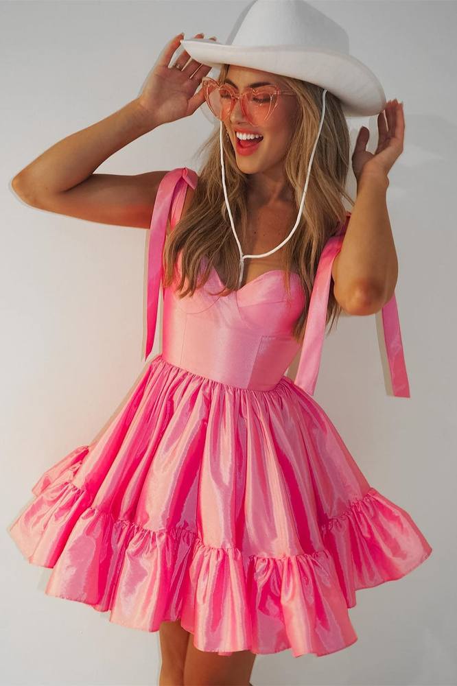 Pink Sweetheart Bow Strap A-Line Homecoming Dress