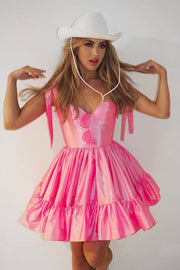 Pink Sweetheart Bow Strap A-Line Homecoming Dress