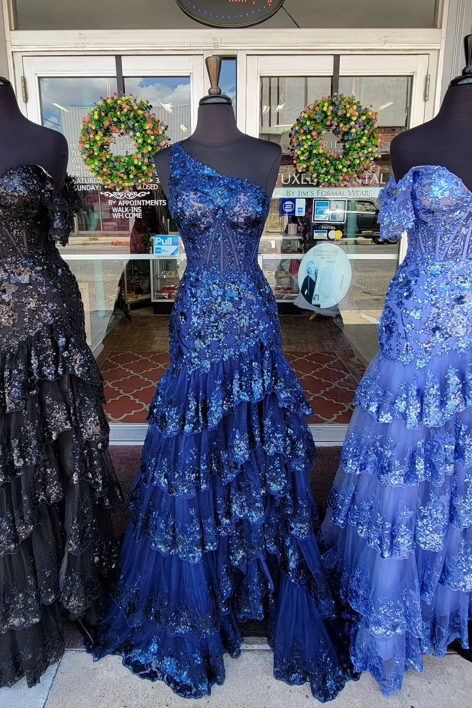 Blue Sequined Mermaid Layers Flutter Sleeves Long Prom Dress with Slit –  Joyofdress