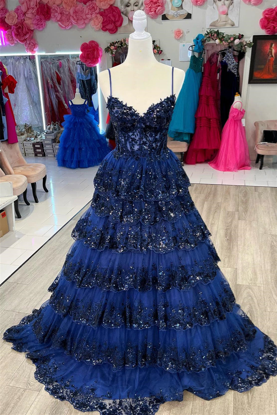navy blue prom dress with pink flowers Floral-Beaded Long A-Line Prom Dress with Pockets Navy Blue / 12