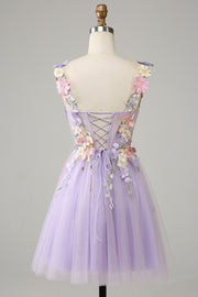 Lavender Tulle Spaghetti Strap Flower Lace-Up Homecoming Dress