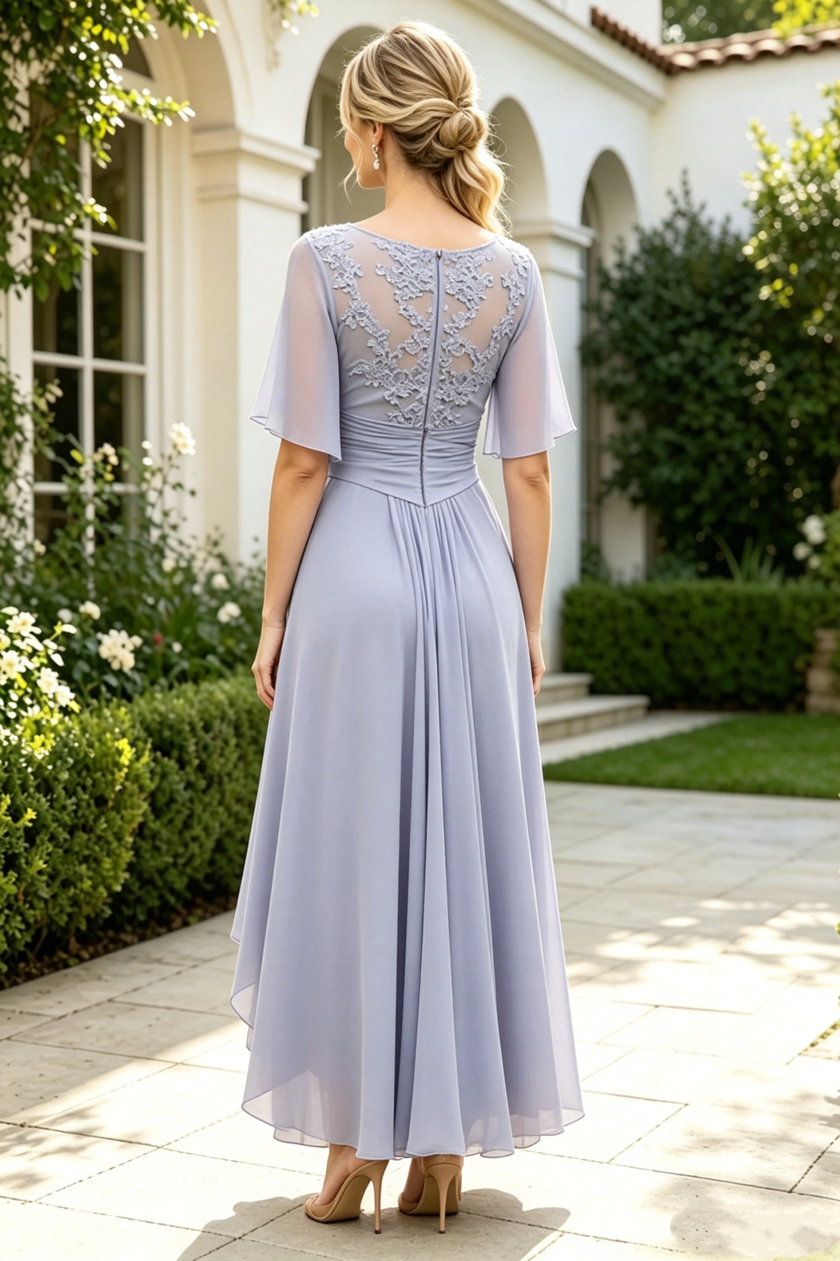 Elegant Lilac Round Short Sleeves High-Low Mother Of The Bride Dress