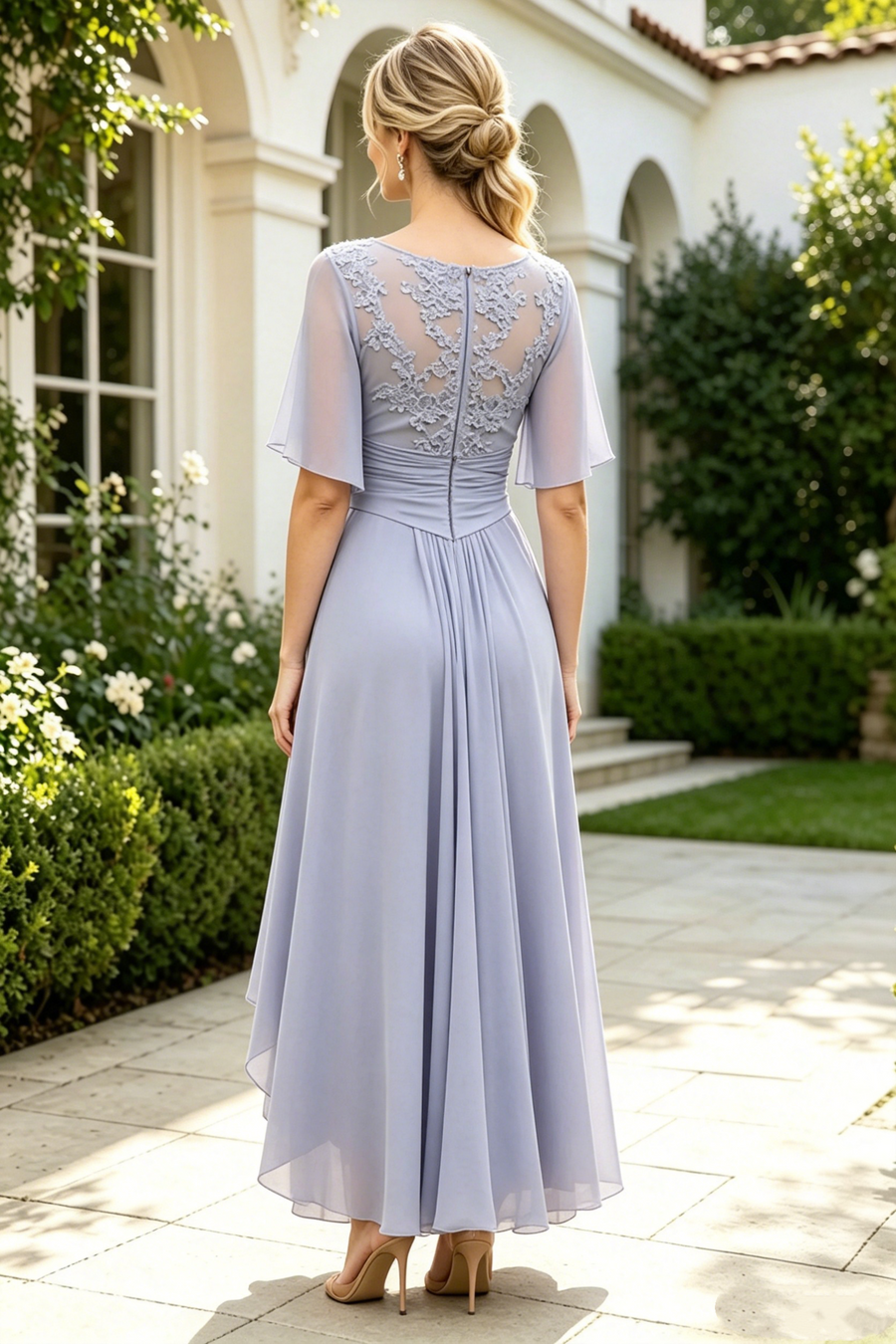 Elegant Lilac Round Short Sleeves High-Low Mother Of The Bride Dress