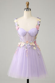 Lavender Tulle Spaghetti Strap Flower Lace-Up Homecoming Dress