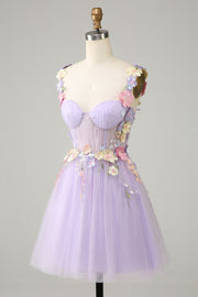 Lavender Tulle Spaghetti Strap Flower Lace-Up Homecoming Dress