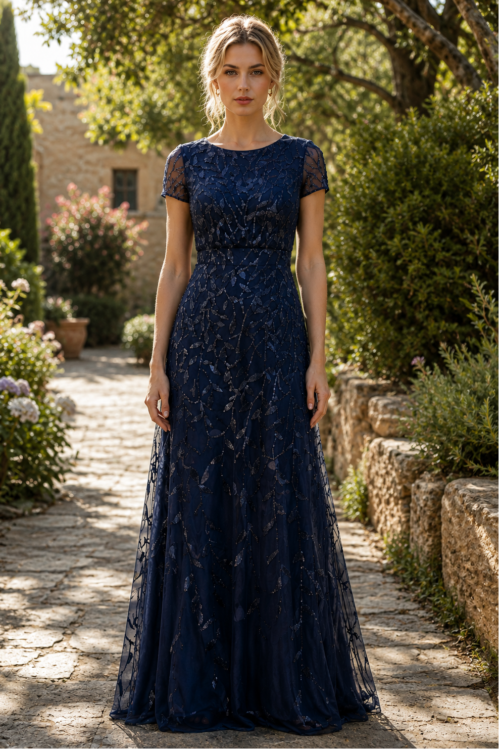 Chic Round Short Sleeves Lace A-Line Mother Of The Bride Dress