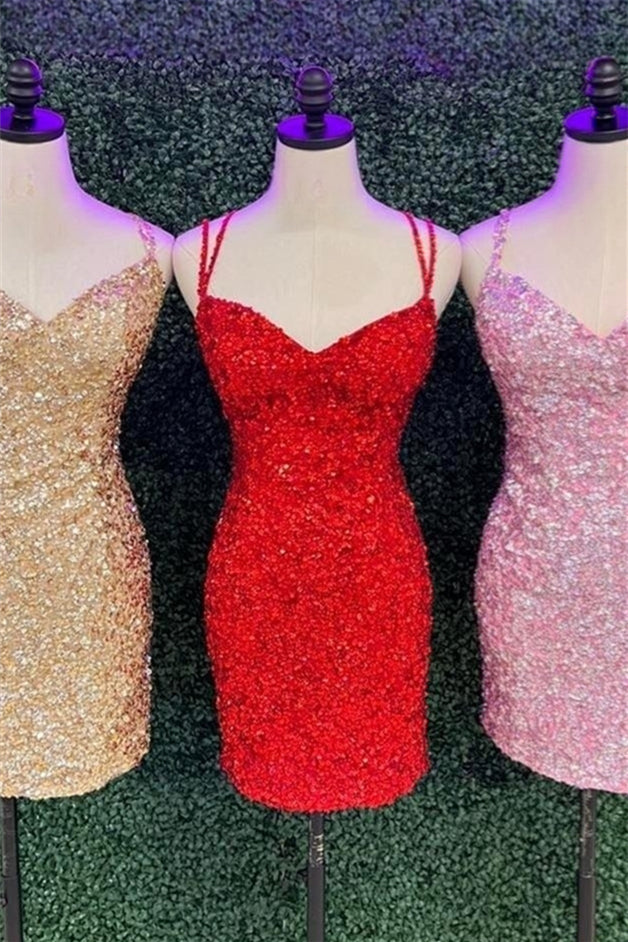 Gold & Red & Pink Straps Sequins Sheath Homecoming Dress