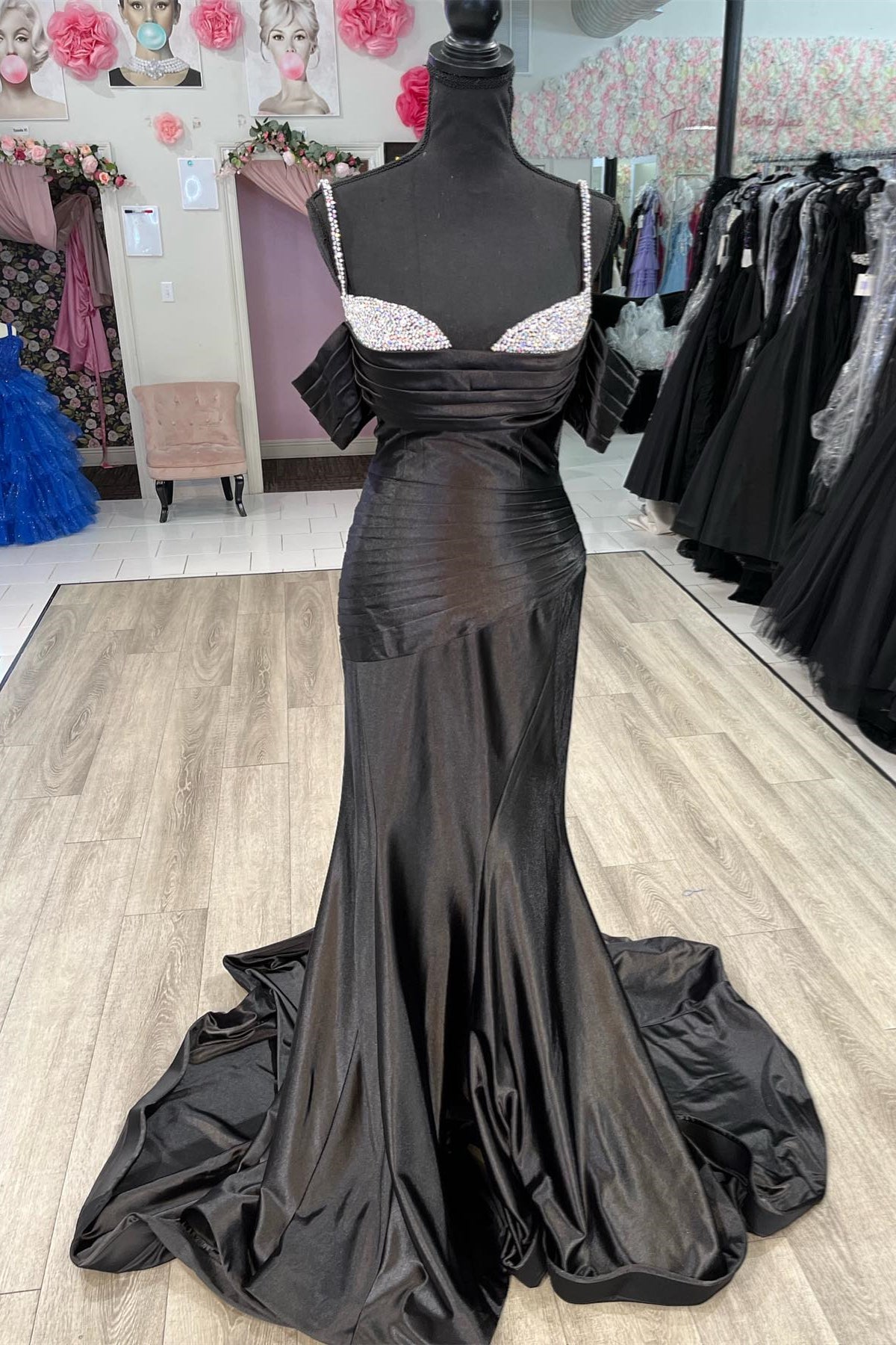 Black Beaded Bust Off-Shoulder Mermaid Satin Long Prom Dress