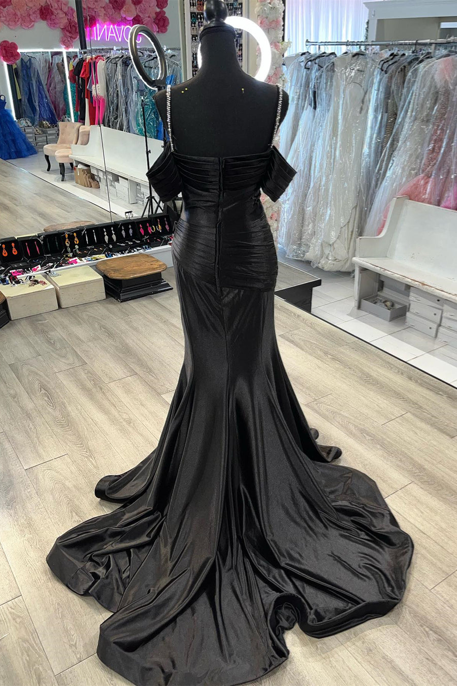 Black Beaded Bust Off-Shoulder Mermaid Satin Long Prom Dress Silver / Custom Size Black Beaded Bust Off-Shoulder Mermaid Satin Long Prom Dress Silver / Custom Size