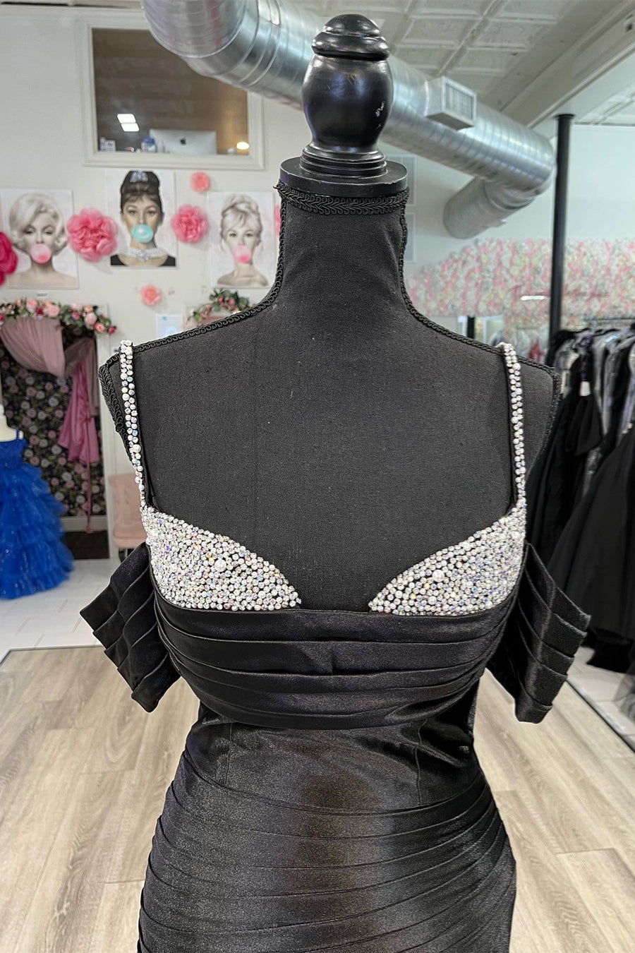 Black Beaded Bust Off-Shoulder Mermaid Satin Long Prom Dress