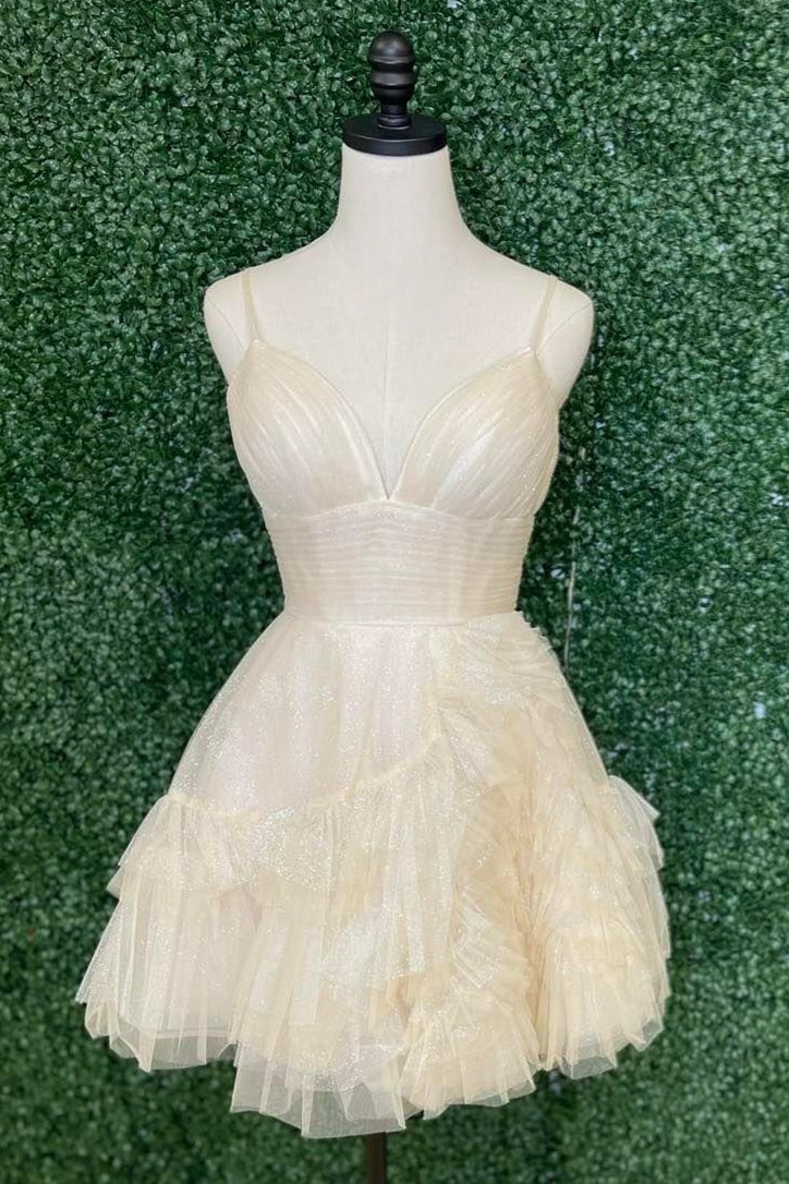 Ivory Plunging V Neck Multi-Layers A-line Straps Homecoming Dress