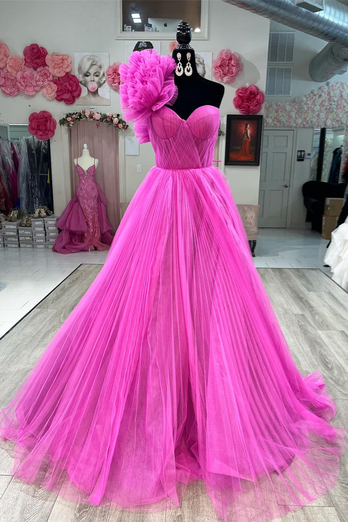 Fuchsia Ruffled One Shoulder A-line Tulle Long Prom Dress
