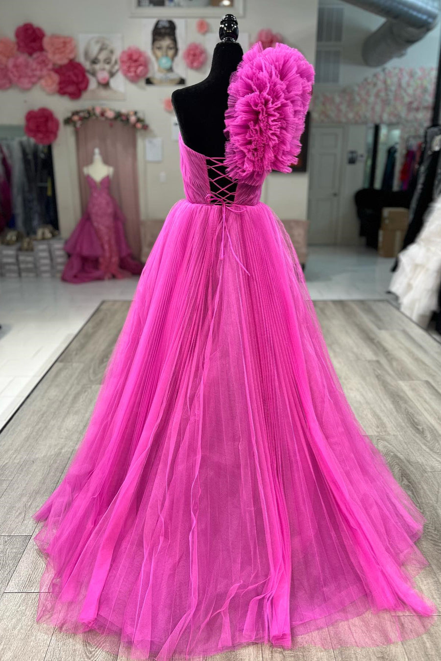 Fuchsia Ruffled One Shoulder A-line Tulle Long Prom Dress