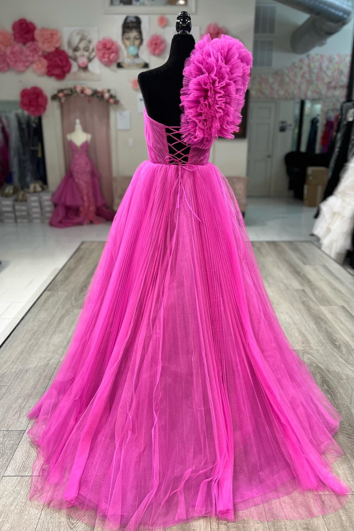 Fuchsia Ruffled One Shoulder A-line Tulle Long Prom Dress