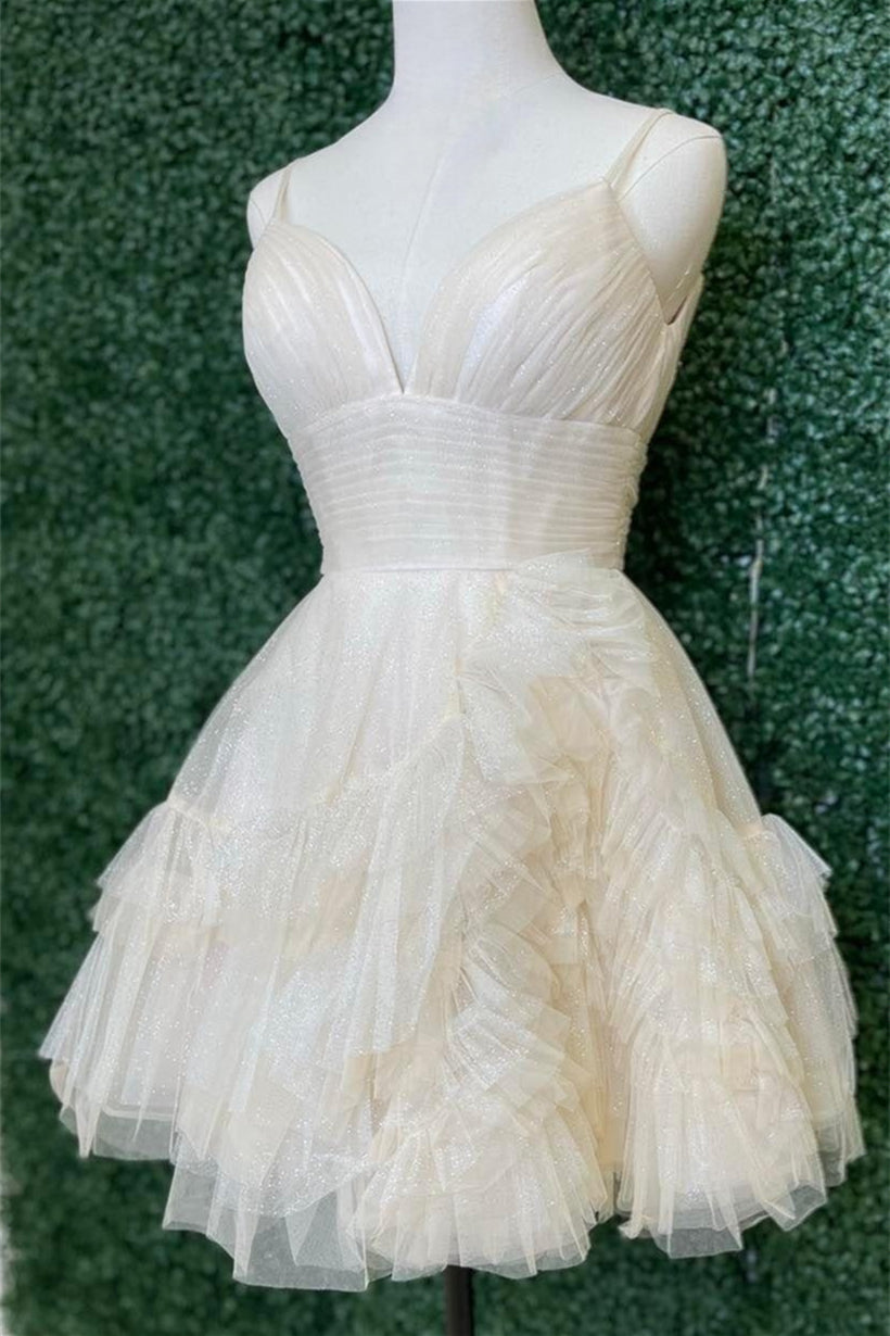 Ivory Plunging V Neck Multi-Layers A-line Straps Homecoming Dress