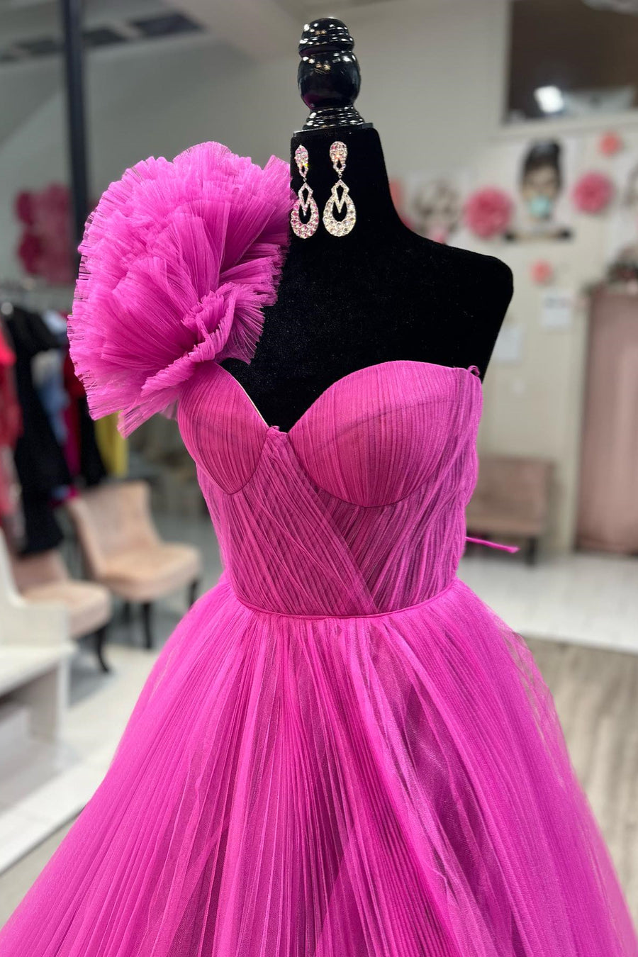 Fuchsia Ruffled One Shoulder A-line Tulle Long Prom Dress