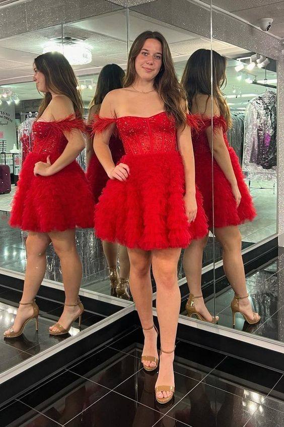 Off the Shoulder Red Beaded Layered Short Homecoming Dress