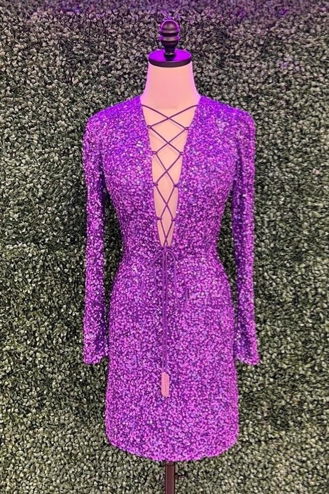 Grape Sequins Long Sleeves Sheath Plunging V Lace-Up Homecoming Dress