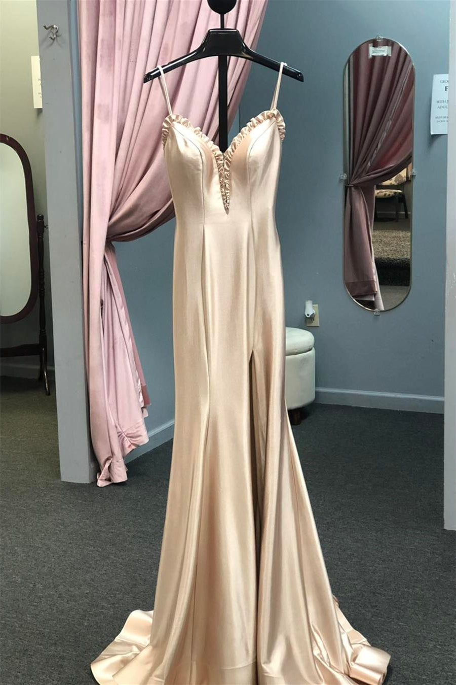 Champagne Ruffled Neck Lace-Up Mermaid Long Prom Dress with Slit