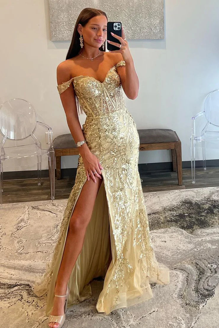 Gold Off-Shoulder Sequined Floral Mermaid Long Prom Dress with Slit Gold / US 2