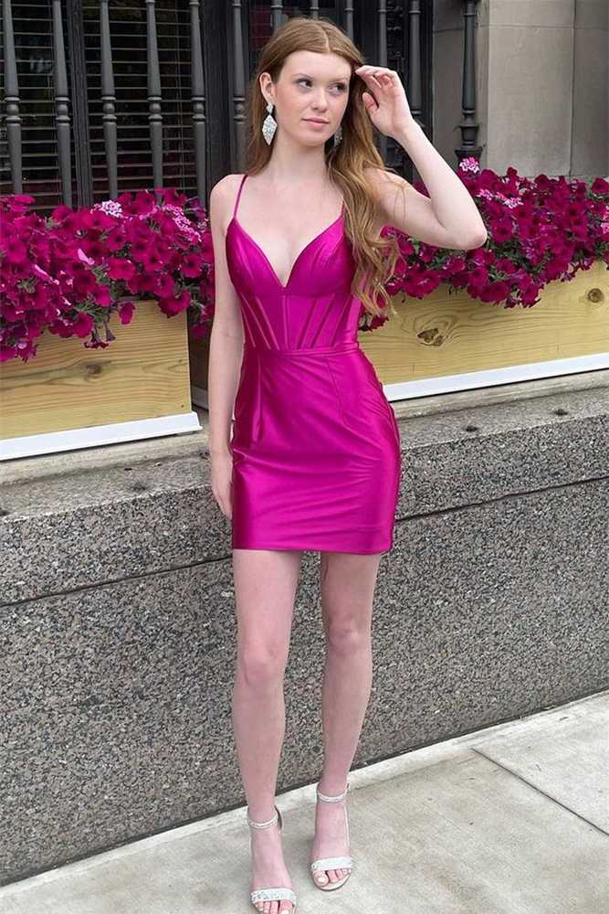 Bodycon Fuchsia V-Neck Corset Satin Homecoming Dress