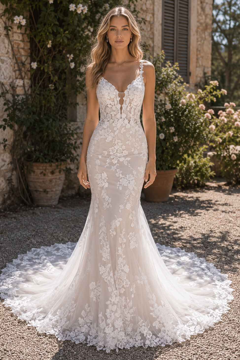 Low V-Neck Sleeveless Lace Appliques Long Wedding Dress