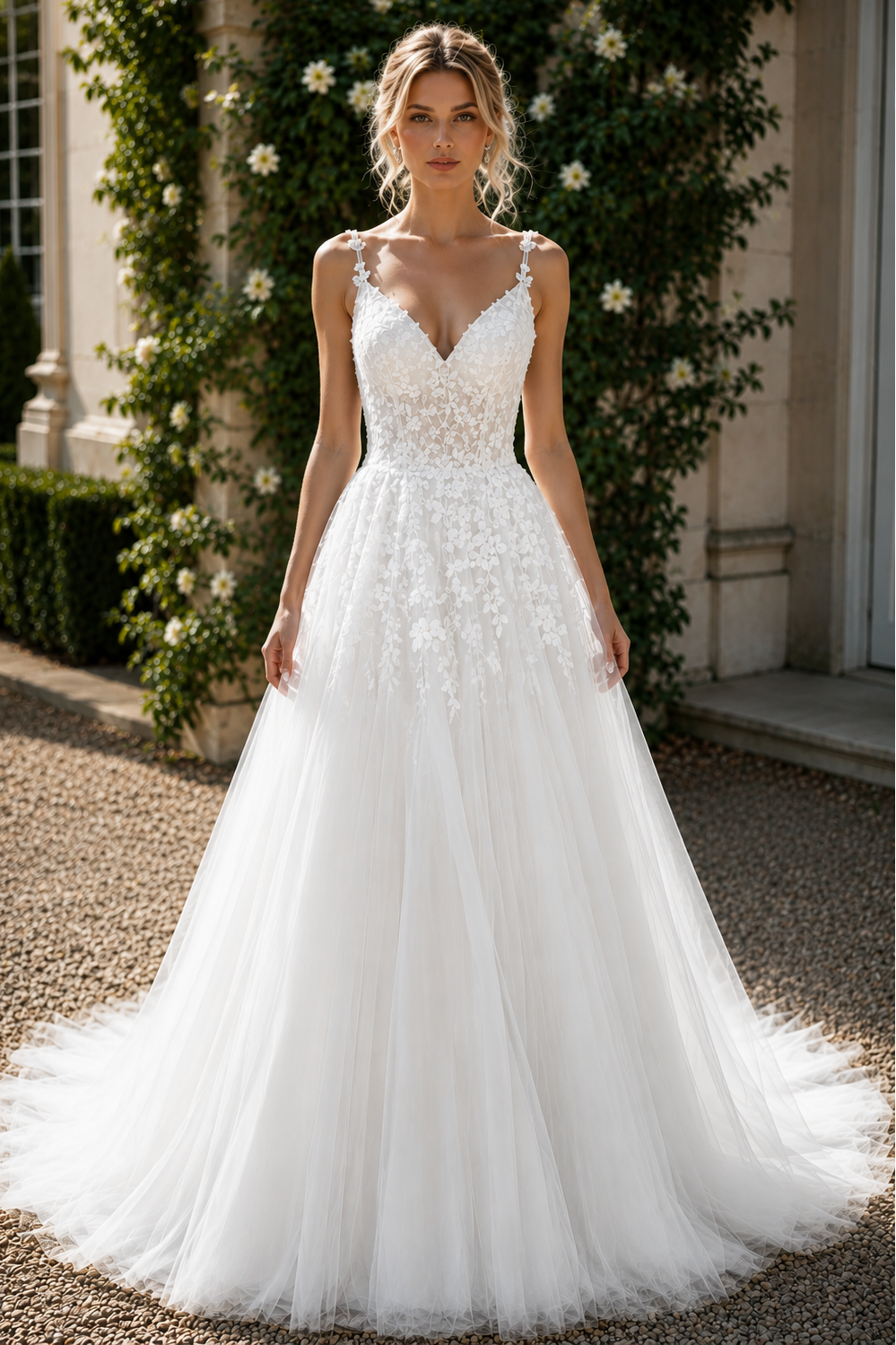 V-Neck Spaghetti Straps Lace Appliques Boho Wedding Dress