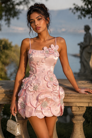3D Floral Beaded Spaghetti Straps Short Satin Party Homecoming Dress