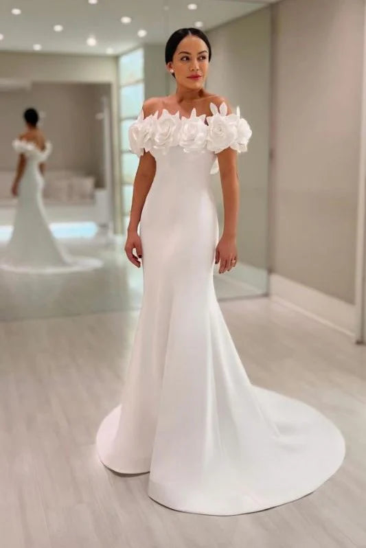 off shoulder satin mermaid wedding dress Elegant Satin Mermaid Wedding Dress, Draped Off-shoulder Bridal Gown, Long Sleeves Wedding Dress, Long Detachable Train, Fashion Bridal Gown