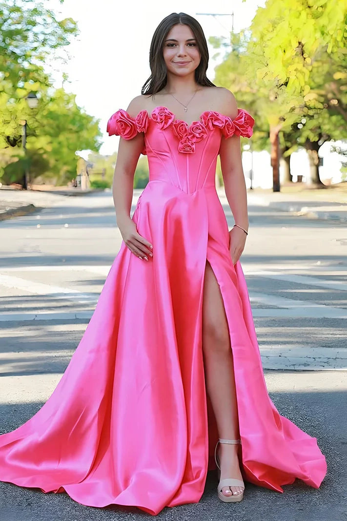 3D Floral Off-Shoulder Satin A-Line Long Prom Dress