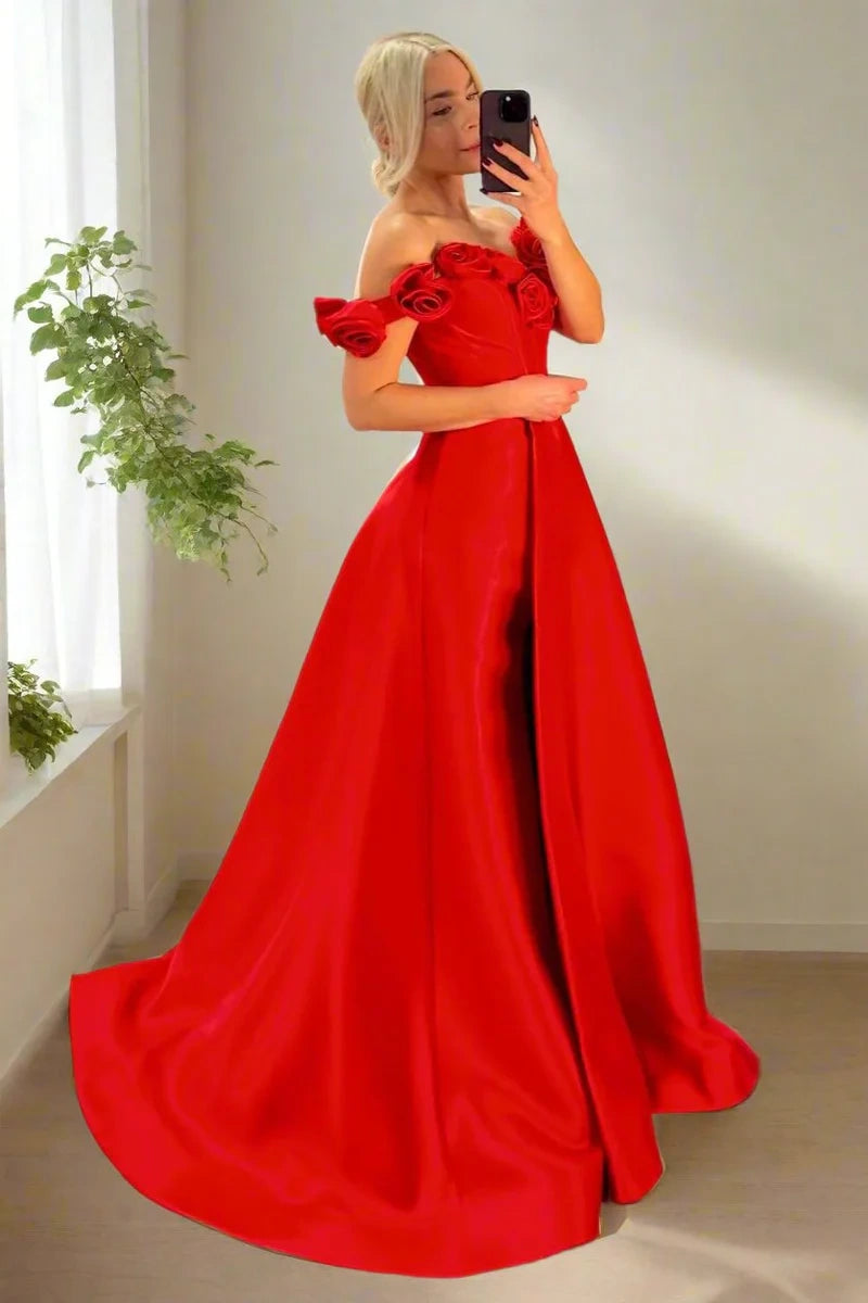 3D Floral Off-Shoulder Satin A-Line Long Prom Dress