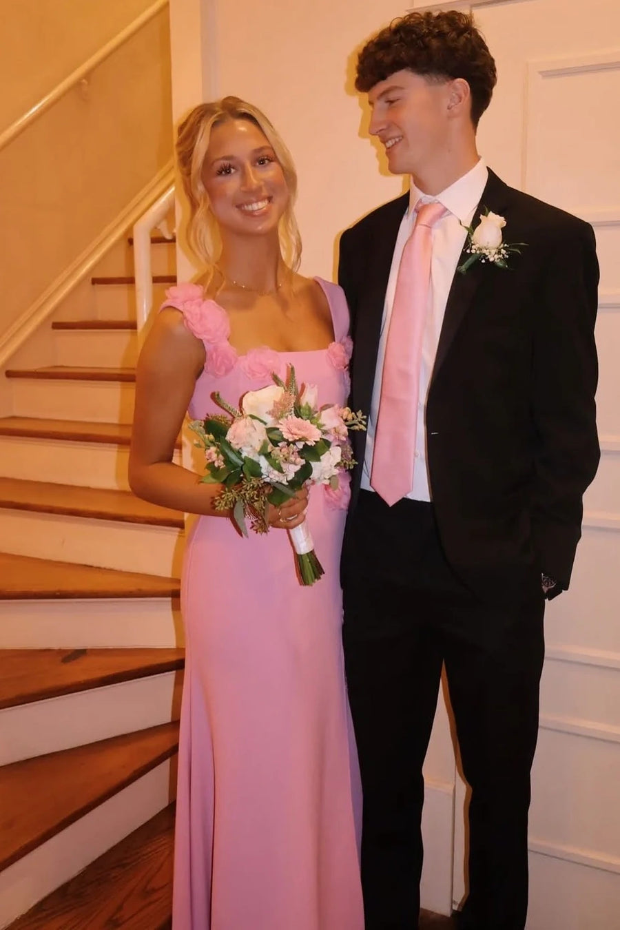 3D Floral Square Straps Pink Satin Floor-Length Split Party Prom Dress