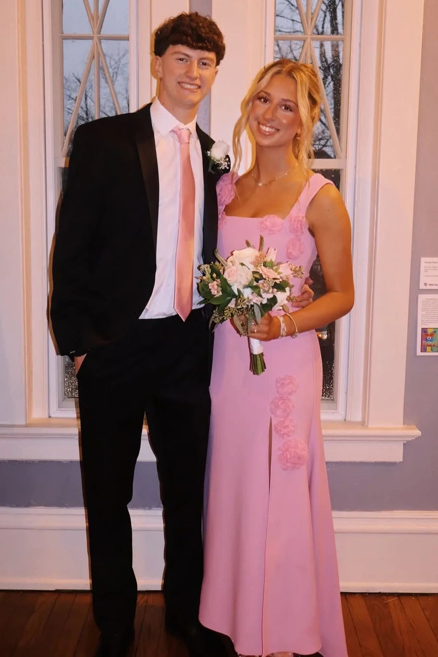 3D Floral Square Straps Pink Satin Floor-Length Split Party Prom Dress