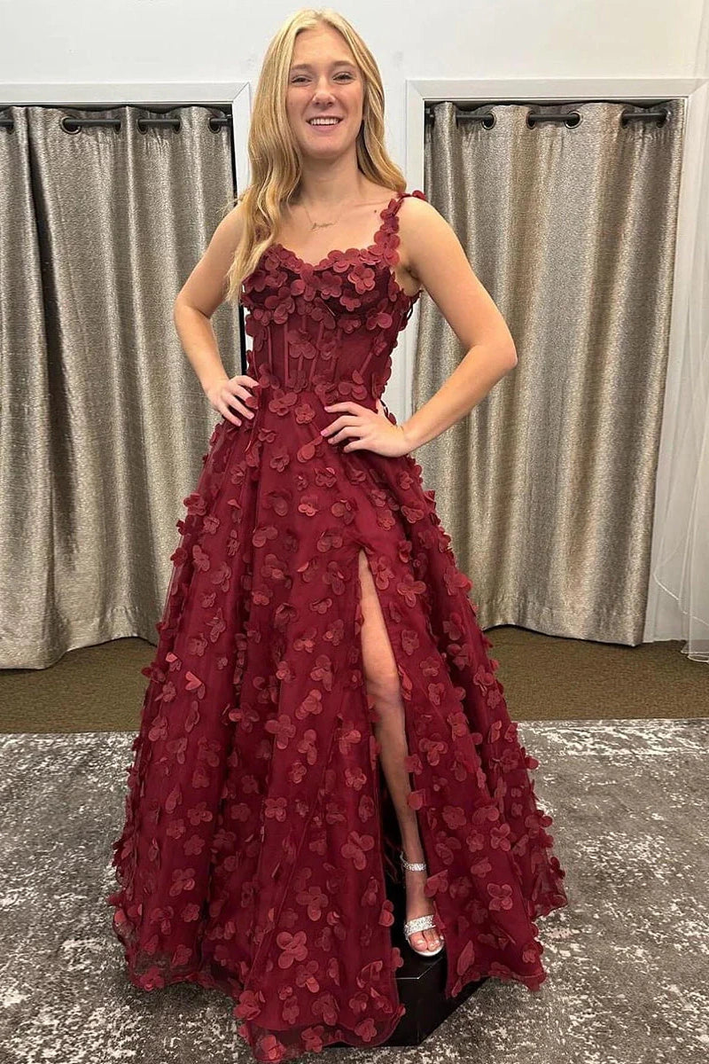 3D Floral Sweetheart Straps A-Line Empire Leg Slit Party Prom Dress
